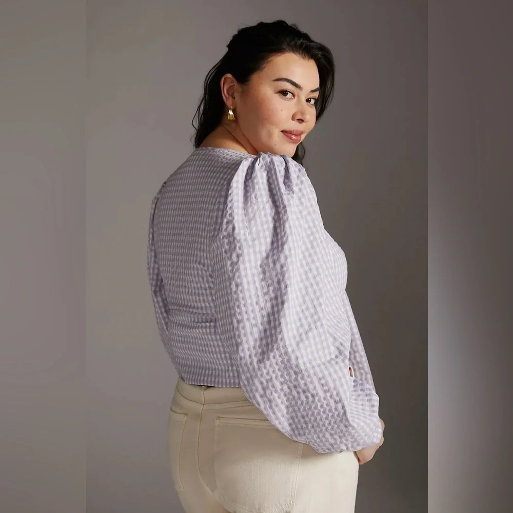 Anthropologie Maeve Crop Gingham Blouse Purple size 22W - Picture 2 of 14